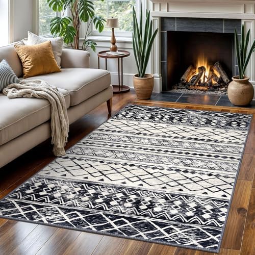 KUTA 4x6 Rug Boho Moroccan Washable Kitchen Rug Black Navy Blue - Image 3
