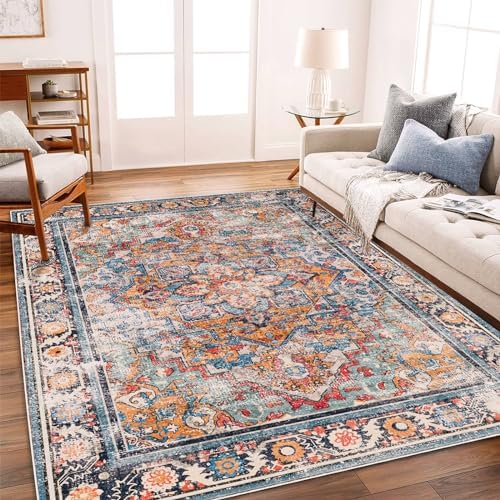 CHAMPLANT Washable Area Rug 5'x7' Retro Boho Chic Medallion Distressed Design - Image 3