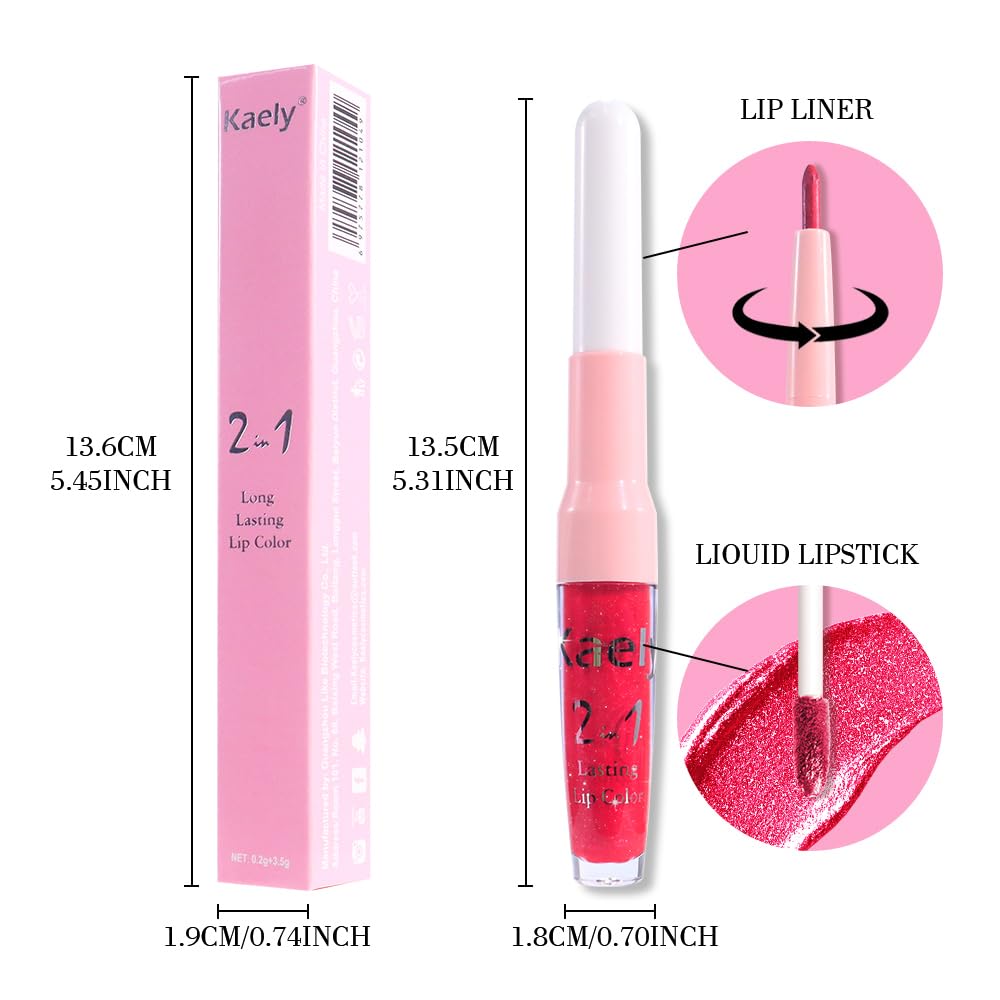 Kaely 2-in-1 Crushed Ruby Red Metallic Lipstick and Lip Liner, Shimmer Liquid Metallic Lipsticks for Women, Glitter Lip Gloss Stain Long Lasting Waterproof Smudge Proof 24 Hour, Vegan Makeup, 18