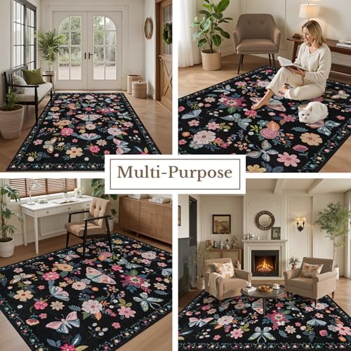 10x12 Area Rug Living Room: Soft Floral Washable Carpet Black - Image 5