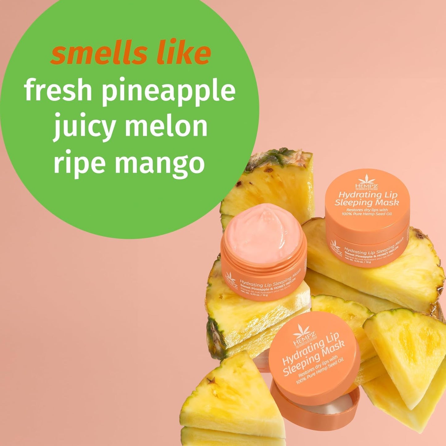 Hempz Hydrating Lip Sleeping Mask - Sweet Pineapple & Honey Melon (.70 Oz.) | Overnight Hydrating Lip Balm with Sweet Pineapple & Honey Melon Herbal Lip Sunscreen .15 oz. SPF 15