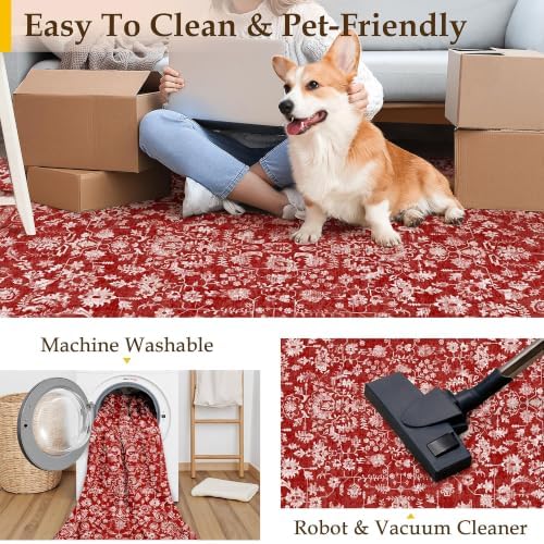PureCozy Red Runner Rug 2x8 Vintage Floral Farmhouse - Image 3