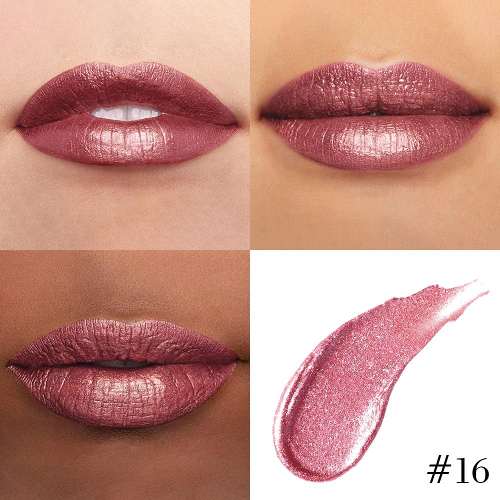 evpct Mauve Pink Metallic Glitter Lip Liner and Lipstick Combo Lip Gloss Stain Set Makeup for Women Long Lasting Waterproof 24, Dusty Rose Metallic Shimmer Frosted Iridescent Glossy Liquid Lipstick 16
