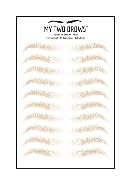 (10 pairs) Medium Blonde Temporary Eyebrow Tattoo - Extra Large Size - Waterproof & Smudgeproof - Assertive Arch Style Eyebrow Stickers - Sheet Lasts up to 30 Days - Won't Work on Existing Brows