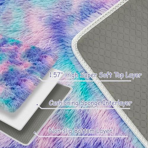 Small Area Rug for Bedroom 2x3ft Mini Tie-Dye Purple Rainbow Fluffy Rug Mat - Image 5