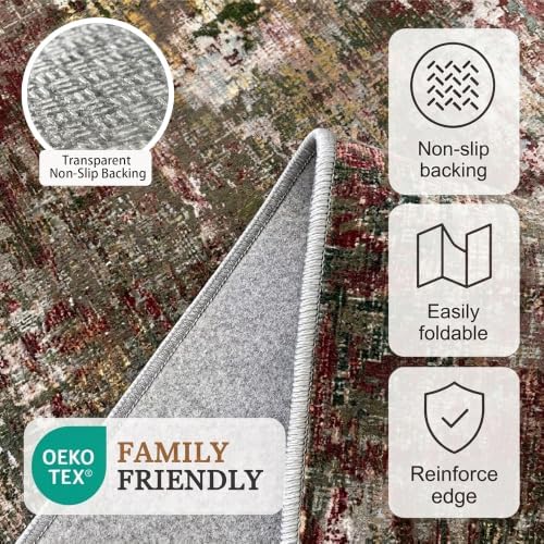 Hallway Washable Runner Rug 2x7 Non Slip Carpet Runner, Olive/Burgundy - Image 4