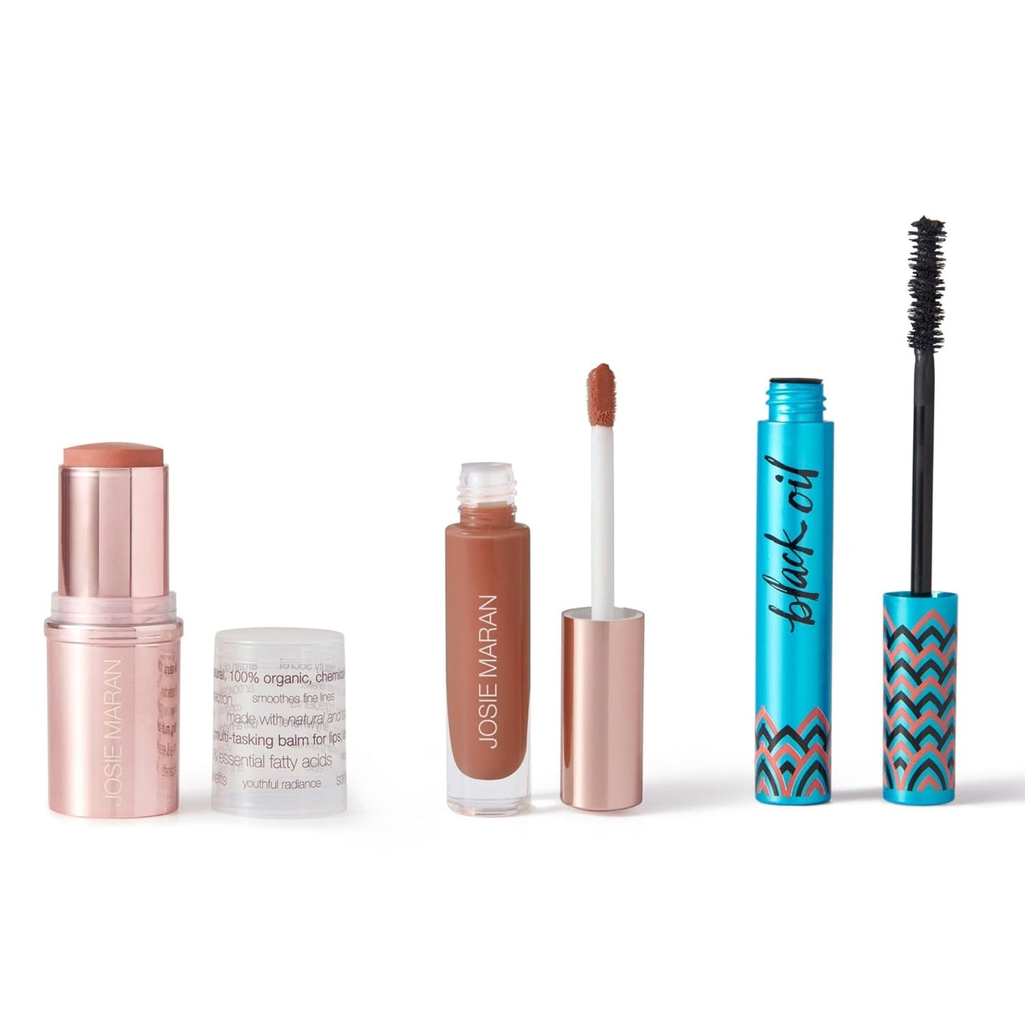 Josie Maran 3-Piece Color Makeup Kit - Argan Oil-Based Makeup Balm for Lips, Cheeks and Eyes, Hyaluronic Acid Lip Plumper & Argan Black Mascara (3 Piece Set)