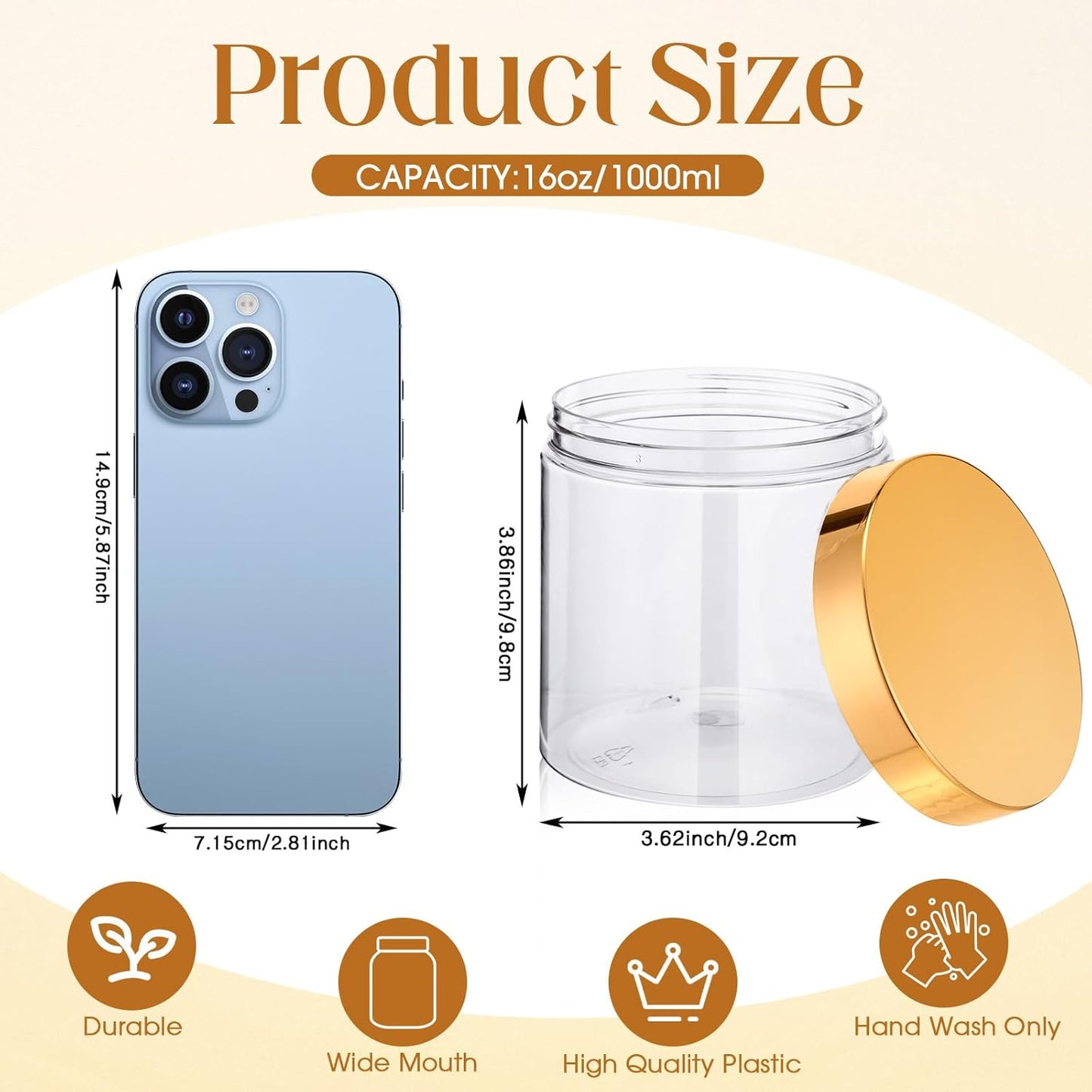 SATINIOR 24 Pieces Empty Clear Plastic Jars with Lids Round Storage Containers Wide Mouth for Beauty Product Cosmetic Cream Lotion Liquid Butter Craft and Food(Gold Lid,16 oz)