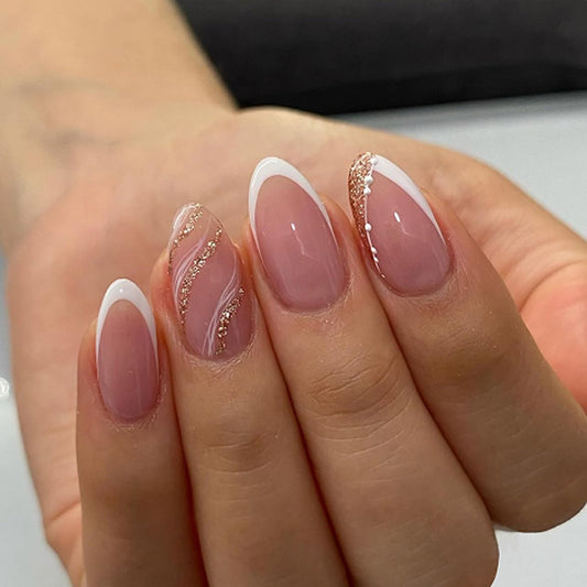 French Press On Nails Short Almond, Nude Fake Nails with White French Tip and Minimalist Gold Line Design, Glossy Gel Finish Acrylic Nails, Natural Reusable Glue On Nails Kit for Women, Luxe Line