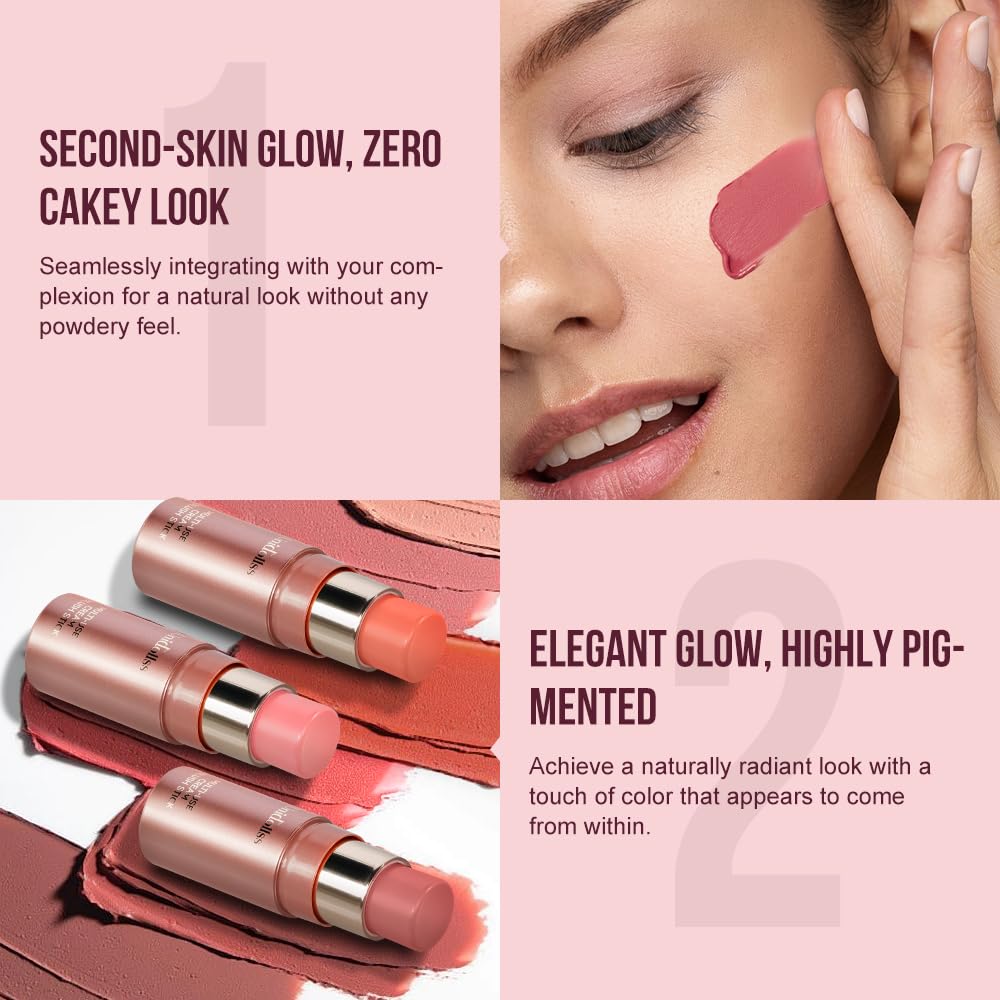 Multi-Use Makeup Cream Blush Stick, Unidollss 3-in-1 Buildable Blush Stick for Cheeks, Eyes, and Lips, Hydrating formula, All day wear, Easy Application with Thumb Puff Included (02 INFATUATION)