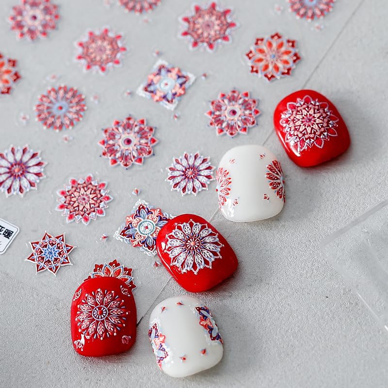 5D Embossed Nail Stickers Boho Nail Art Stickers for Nail Designs Red Bohemia Self-Adhesive Nail Art Decals for Women Girls Nail Art Decoration 1 Sheets (1, Red Bohemia)