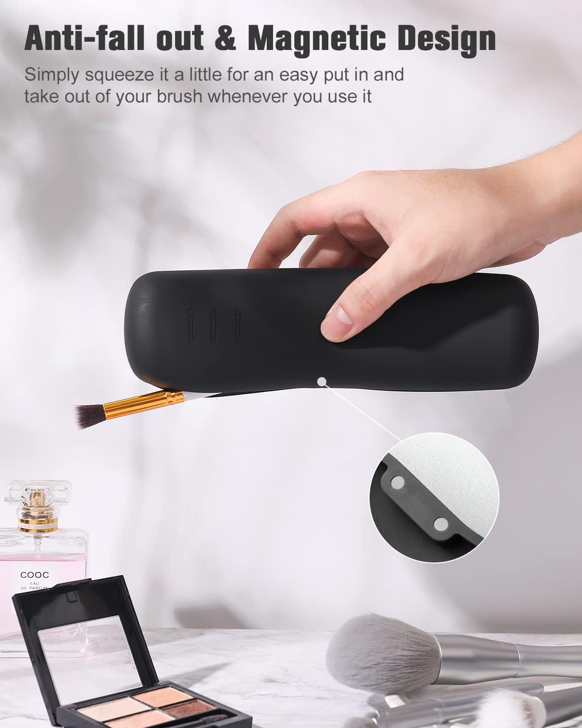 FERYES Travel Makeup Brush Holder, Magnetic Anti-fall Out Silicon Portable Cosmetic Face Brushes Holder, Soft and Sleek Makeup Tools Organizer for Travel-Black(7.8 * 1.89 * 0.79)
