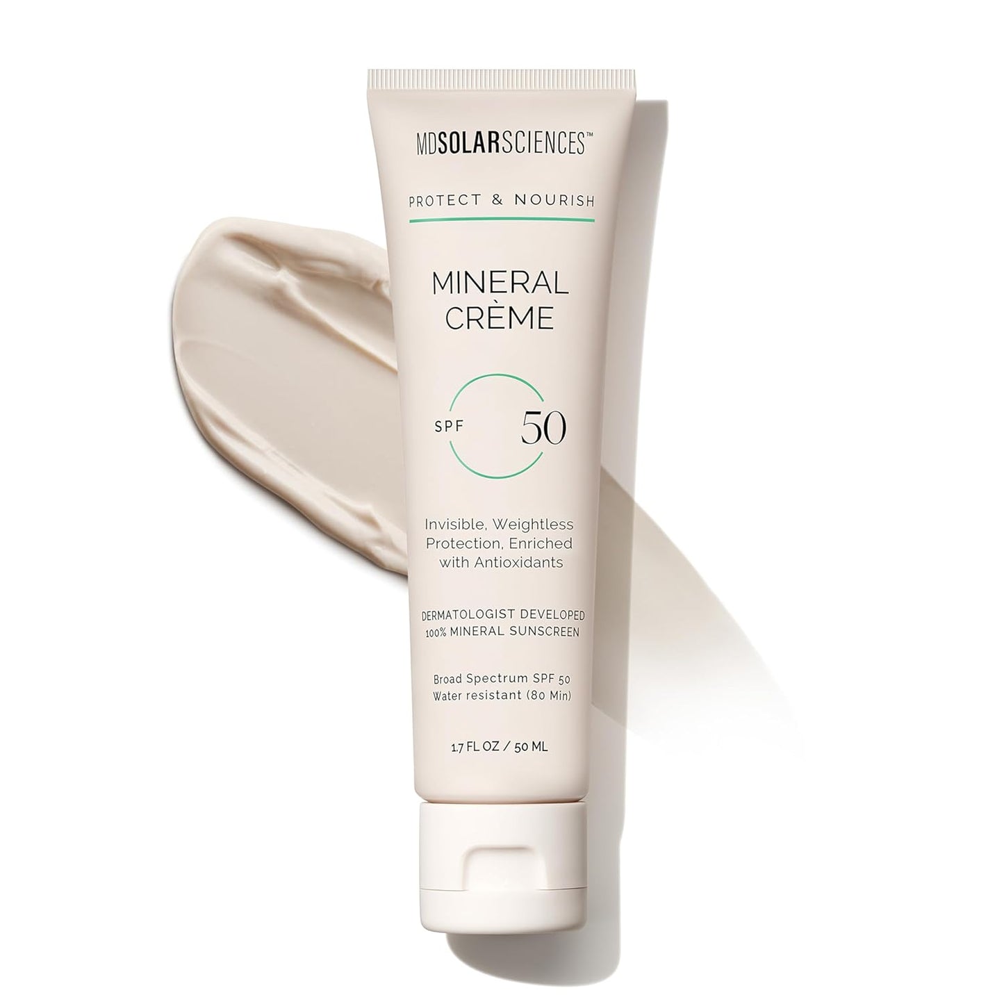 MDSolarSciences Mineral Crème Sunscreen SPF 50 | Water-Resistant, Broad Spectrum UV Protection | Zinc Oxide Formula with Antioxidants | No White Cast, Sheer Matte Finish for All Skin Types (1.7 Fl Oz)