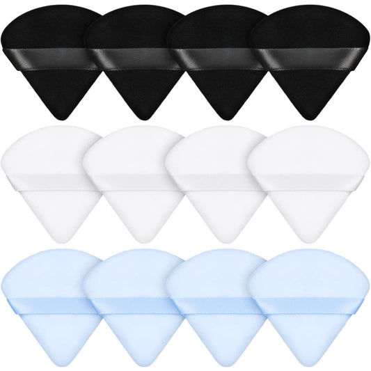 Maitys 12 Pieces Powder Puff Triangle Face Makeup Cosmetic for Loose Powder Soft Body Washable Reusable Foundation Sponge Mineral Wet Dry Makeup Tool for Women(Small,Black, White, Blue)