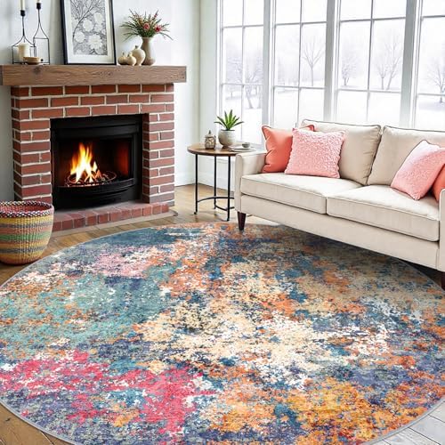 Abstract 9ft Round Rug: Large Washable Non Slip Area Rug Multi Colorful by RUUGME