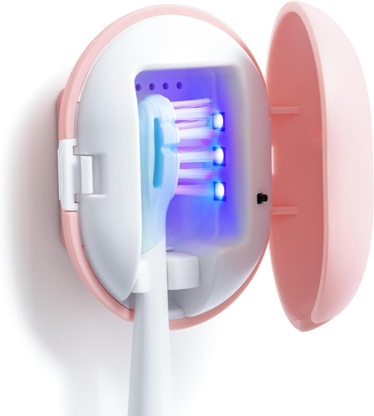 Toothbrush Sterilizer, Travel Toothbrush Covers Case with Holder, Portable USB Charging Toothbrush Cleaner Case with Blue Light (Pink)