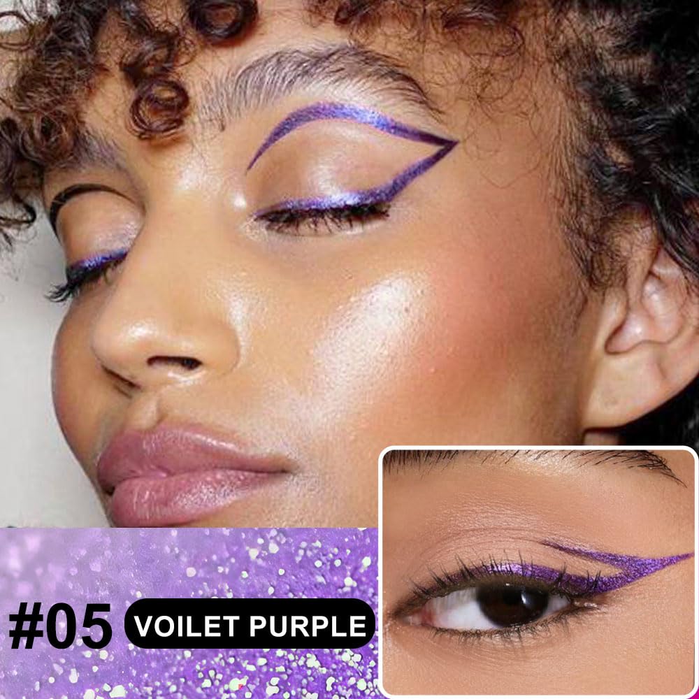HHLOH 2PCS Metallic Glitter Coloured Liquid Eyeliner Pens Set01– Waterproof Mark Purple or Blue Long-Lasting Sparkly Eye Makeup – Tattoo-Effect Ink Liners for Women & Men,Delineador Líquido con Brillo