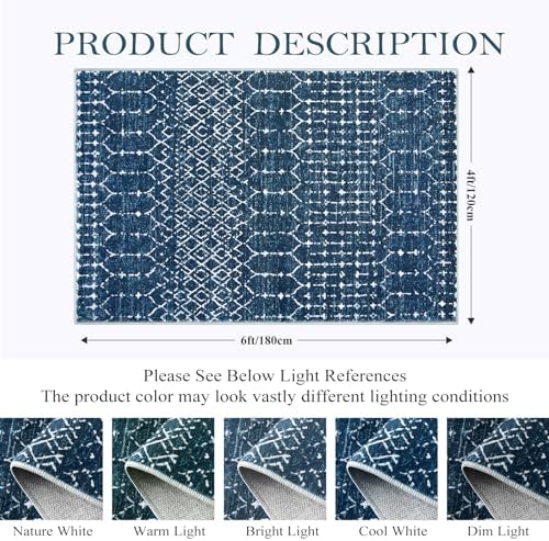 Lahome Moroccan Blue Carpet for Living Room 4x6 Area Rug Non-Slip Ultra-Thin - Image 2