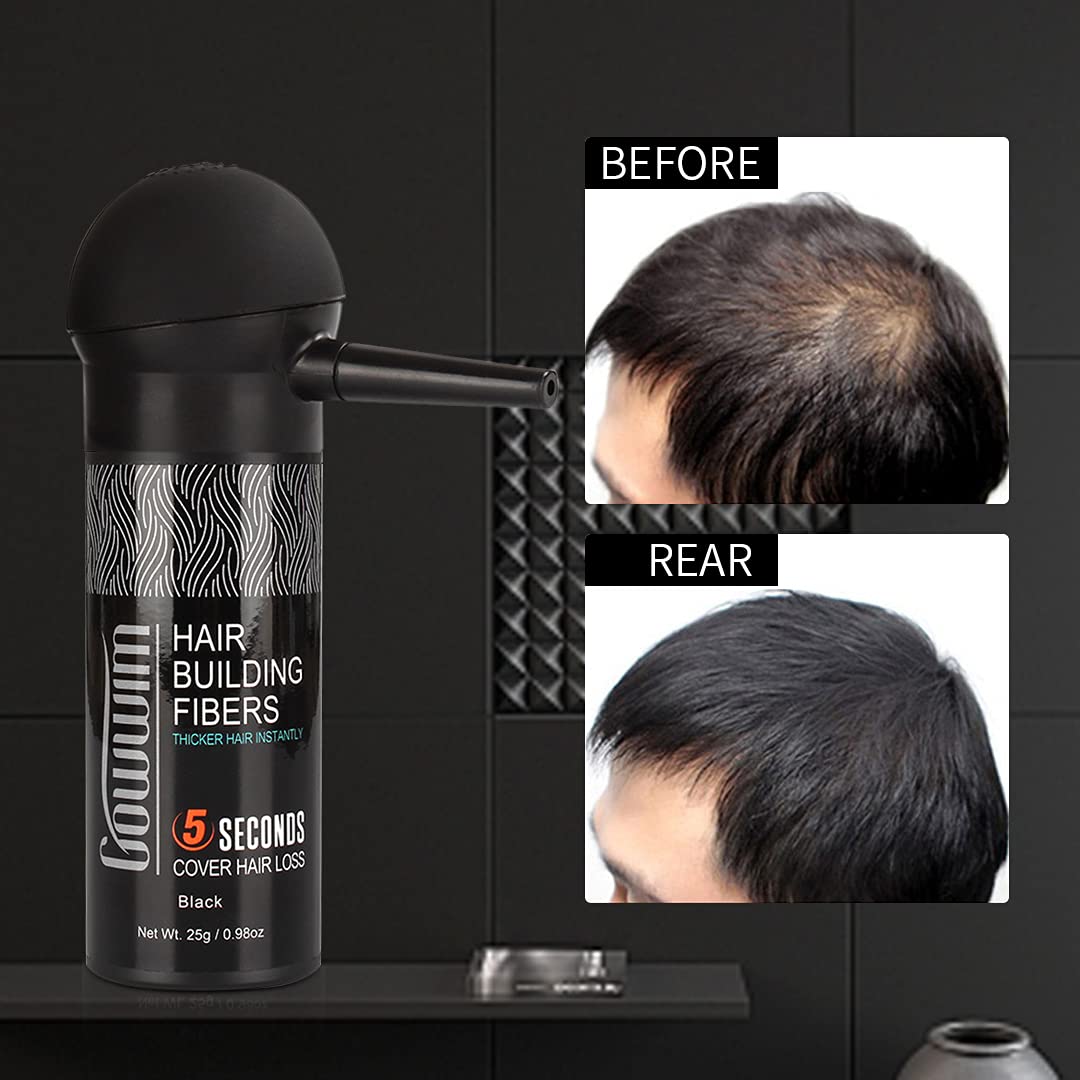 gowwim Hair Thickening Fibers 2-in-1 Kit Keratin Building Fibers, Spray Applicator & Hold Spray - Instantly Volumize Sparse Areas (Black)