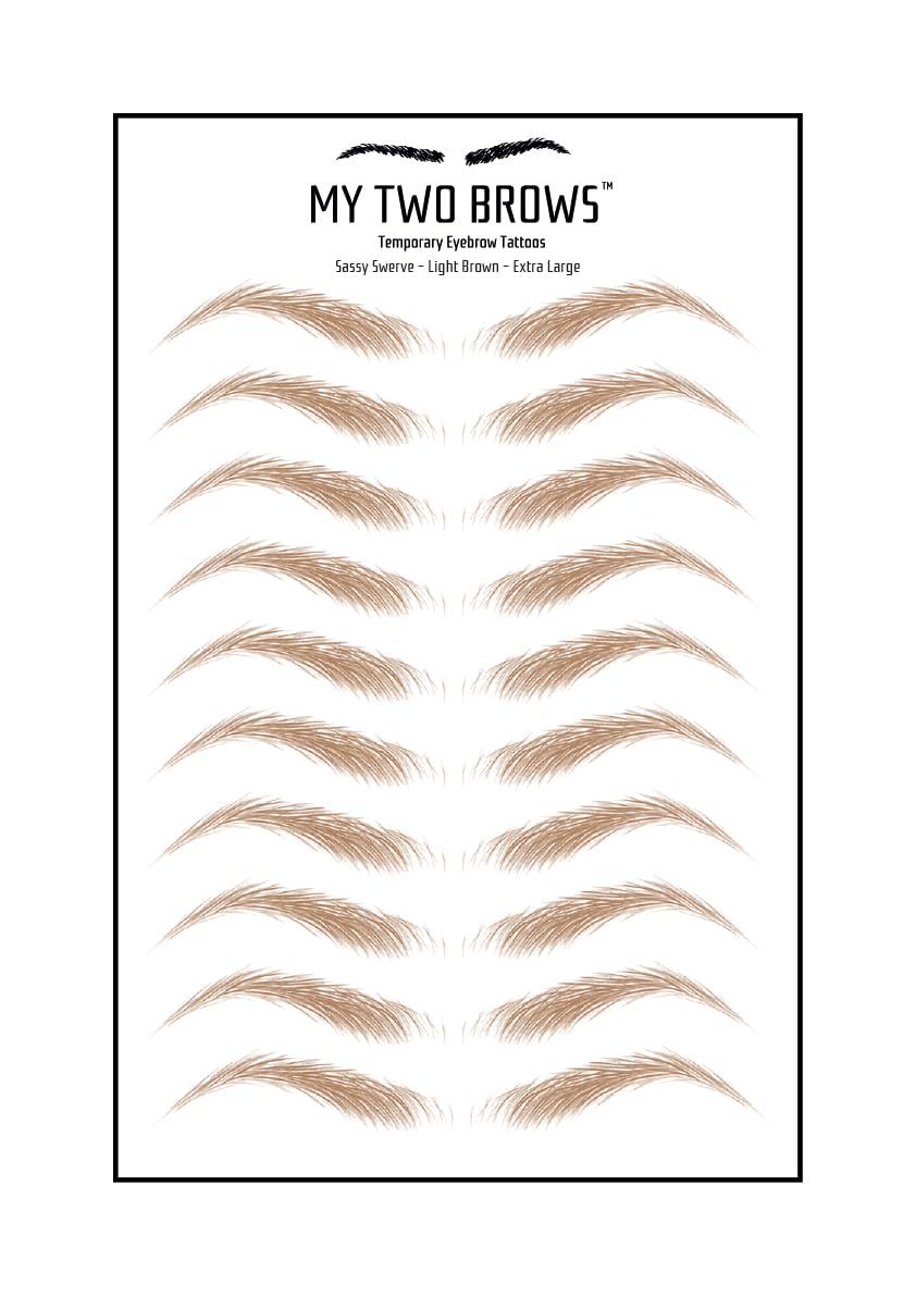 (10 pairs) Light Brown Temporary Eyebrow Tattoo - Extra Large Size - Waterproof & Smudgeproof - Sassy Swerve Style Eyebrow Stickers - Sheet Lasts up to 30 Days - Won't Work on Existing Brows