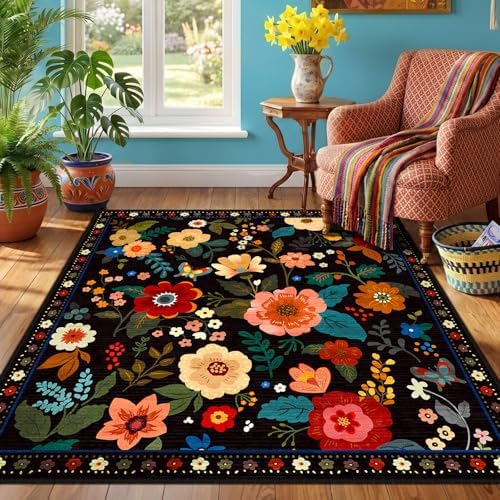 RELEANY Floral Washable Square 5ft Area Rug Black - Image 2