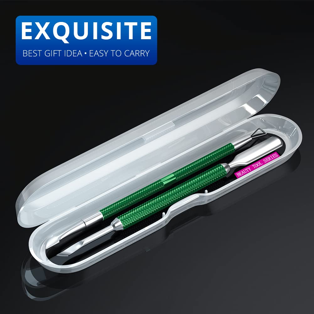 2PCS Metal Dark Green Cuticle Pusher and Cutter Remover Salon Quality Stainless Steel Gel Nail Polish Peeler Scraper Durable Manicure and Pedicure Cleaner Tool For Fingernail and Toenail