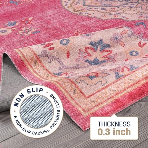 Non Slip Area Rugs 5x7 Boho Medallion Floral Non Skid Rubber Backing Easy Silk - Image 4