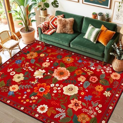 Floral Washable 5x7 Area Rugs Red/Orange by RELEANY
