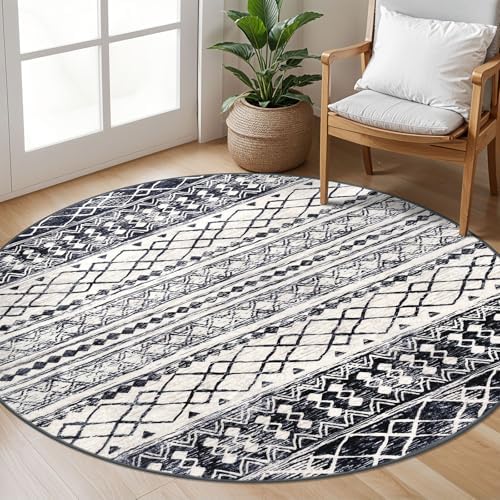KUTA Washable Rugs Round 5Ft Black Navy Blue Boho Geometric Area Rug by KUTA