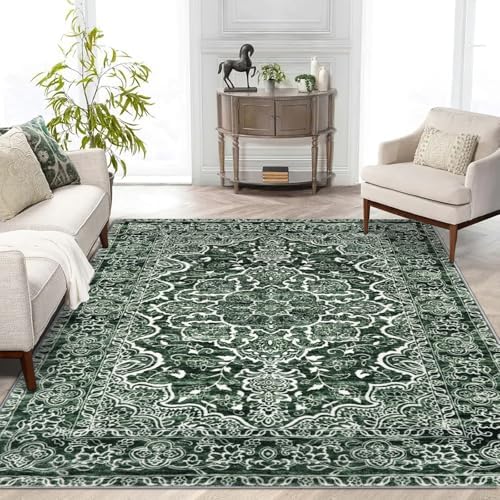 KUTA Vintage Area Rug 5x7 Dark Green Washable Floral Rugs by KUTA