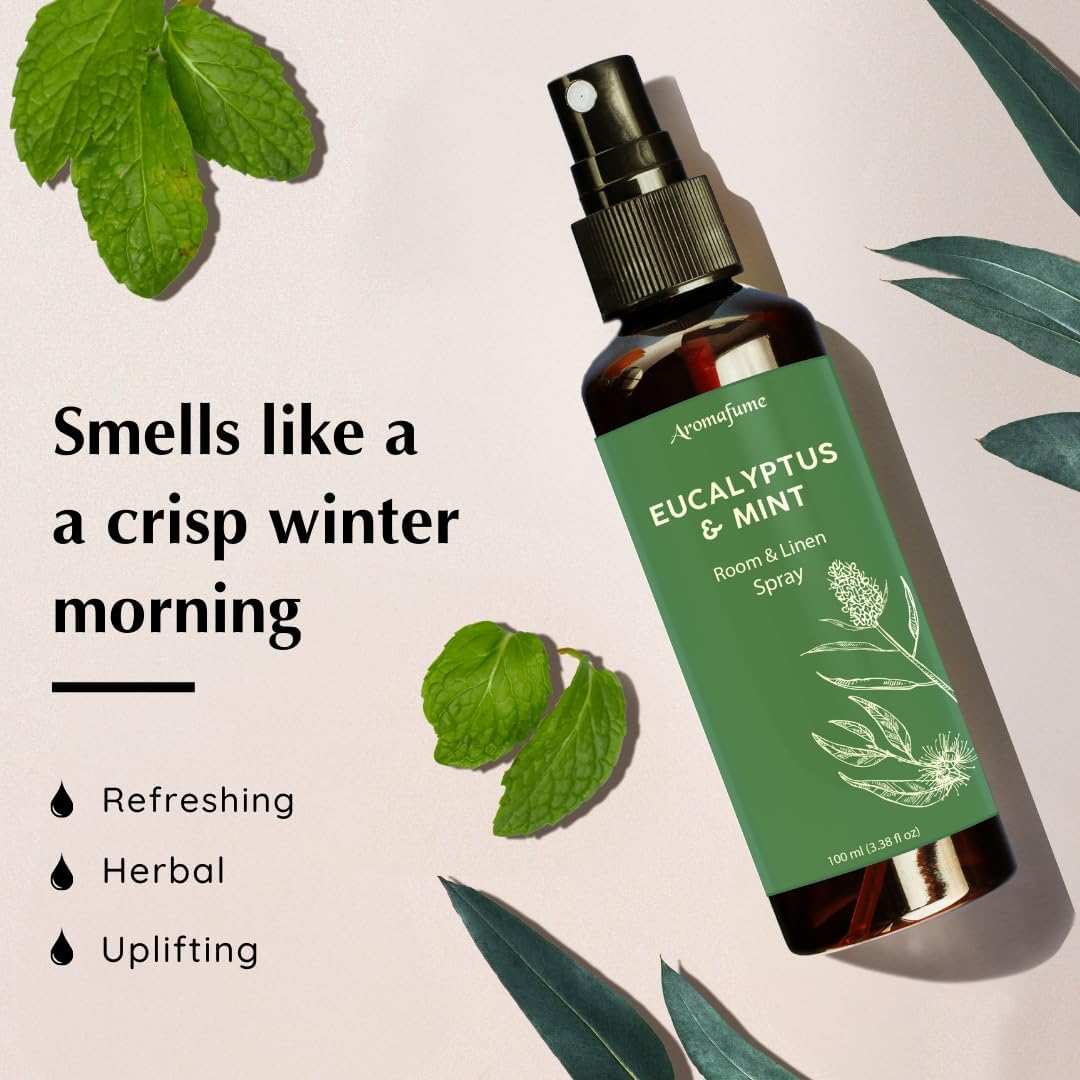 Eucalyptus & Mint Room, Linen & Pillow Spray by Aromafume | 100ml/3.38fl oz | with Pure Eucalyptus & Mint Essential Oil | Aromatherapy | Mist for Bedding, Fabrics