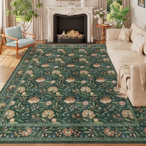 DUKINO 9x12 Area Rug for Living Room, Vintage Floral Washable Rug by DUKINO