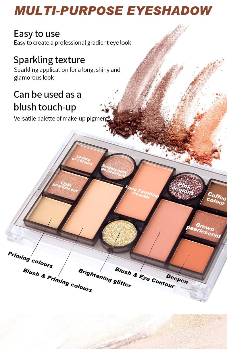 12 Colors Pink Eyeshadow Palette, Mini All in One Blush, Eyebrow & Eye Makeup Kit, Highly Pigmented Matte & Shimmer Shades, Big Artist Comprehensive Facial Makeup, Travel Friendly (02)