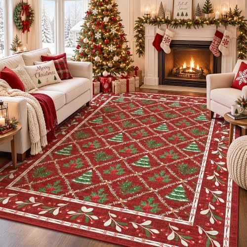 Red Christmas Rug 5x7 for Living Room, Nursery Room Machine Washable Low Pile by Yarooge