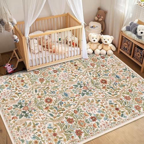 Floral Area Rug 5x7 Washable Botanical Carpet - Image 3