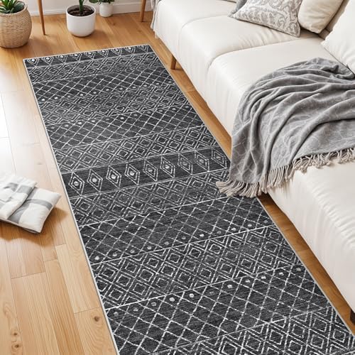 Moroccan 2'6"x8' Hallway Runner Rug: Washable Non Slip Soft Rugs Black - Image 3
