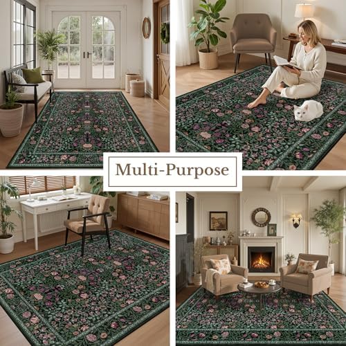 10x14 Area Rug Living Room: Soft Floral Washable Carpet Green - Image 5