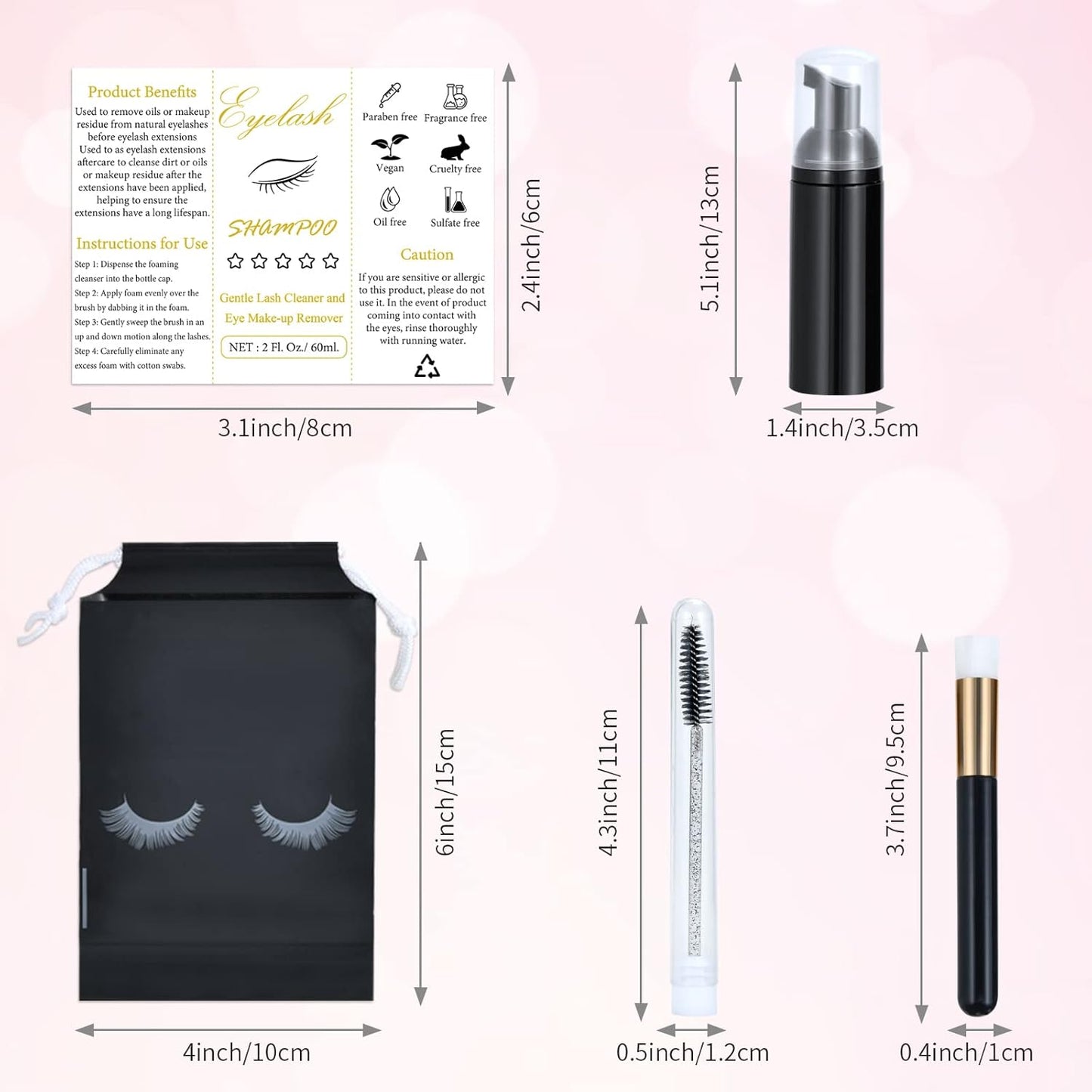 100 Pcs Lash Shampoo Bottle Brushes Set 20 Empty Foam Pump Dispensers 20 Label Stickers 20 Mascara Wands and Tubes 20 Cleansing Brush 20 Bag for Eyelash Extensions Aftercare(Black)