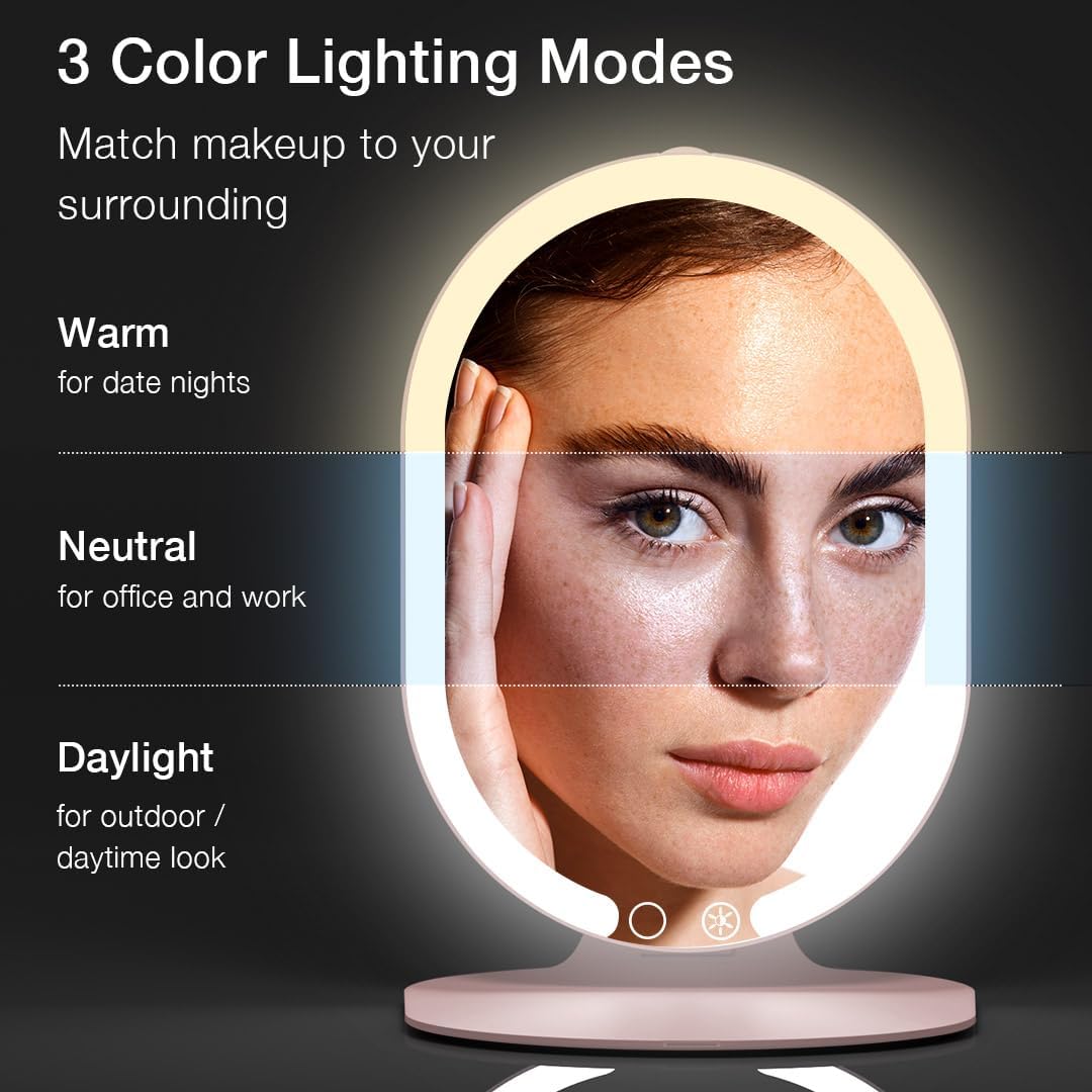 Fancii LED Rechargeable Portable Makeup Mirror with 3 Color Light Settings & 10x Magnetic Magnifying Mirror – Ultra Slim, Foldable Travel Vanity Mirror, 1500 mAh Battery, Height (Pink)