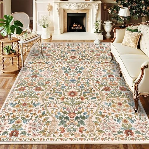 Floral Area Rug 5x7 Washable Botanical Carpet by NakedCloud