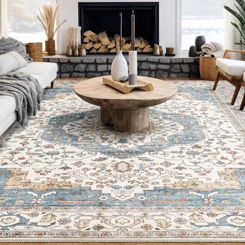 Vintage 8x10 Rugs for Living Room Washable Area Rug Blue/Beige - Image 3