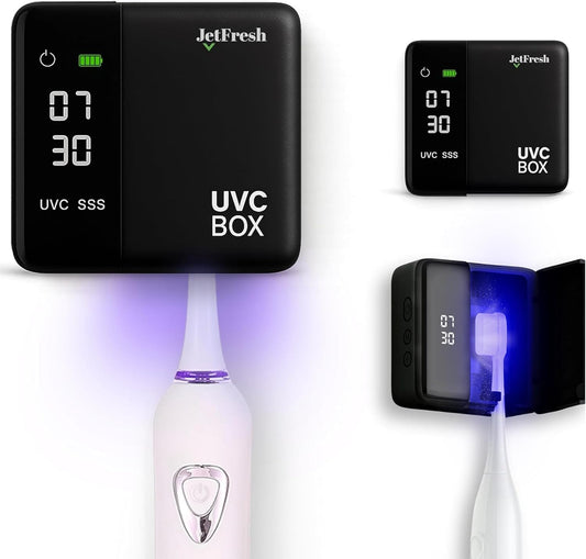 UV Toothbrush Sanitizer Holder & Cleaner with LED Clock Display & Hot Air Drying – Wall-Mounted UV Tooth Brush Holder for Bathroom Decor, Travel Use, Rechargeable Portable Design, Fits All Brushes