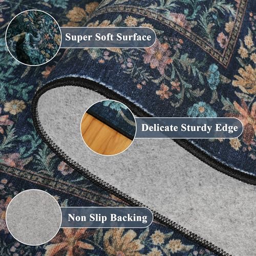 DUKINO 2x4 Rug, Washable Vintage Floral Bathroom Runner Rug, Dark Blue - Image 6
