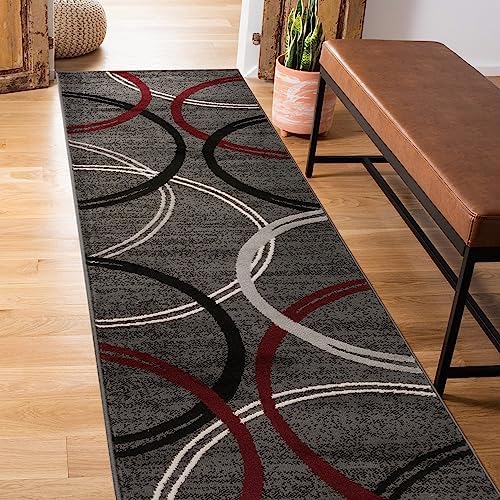 Rugshop Wavy Circles Modern Non-Shedding Runner Rug Red 2' x 7'2" by Rugshop