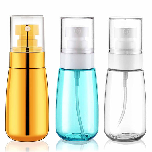 Cosywell Travel Spray Bottle TSA Approved 3 Pack 2oz 60ml Leak Proof Fine Mist Spray Bottle Empty Plastic Refillable Containers for Hair Perfume Toners Rose Water Cosmetics(Gold+Green+Clear)