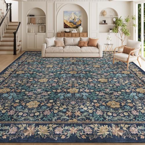 DUKINO 10x12 Area Rug for Living Room Vintage Floral Washable Rug Dark Blue by DUKINO