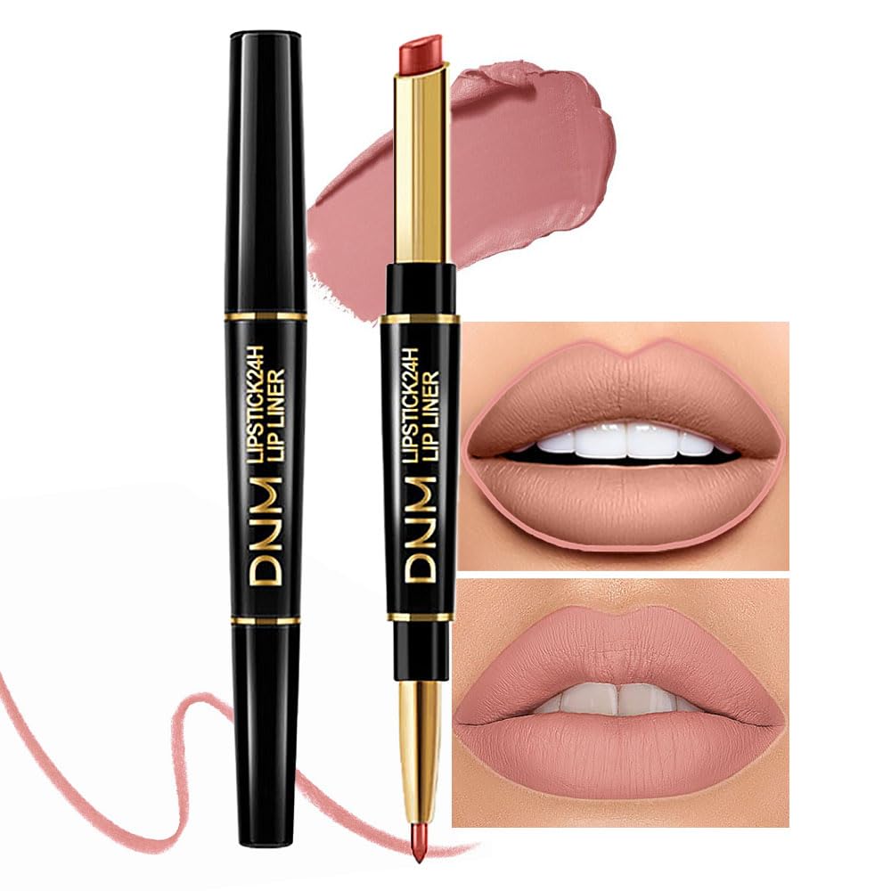 evpct 1Pcs Nude Beige Brown Matte Lip Liner and Lipstick Set Kit for Women, 24 Hour Waterproof, Dual-Ended Lipstick and Lip Liner Combo