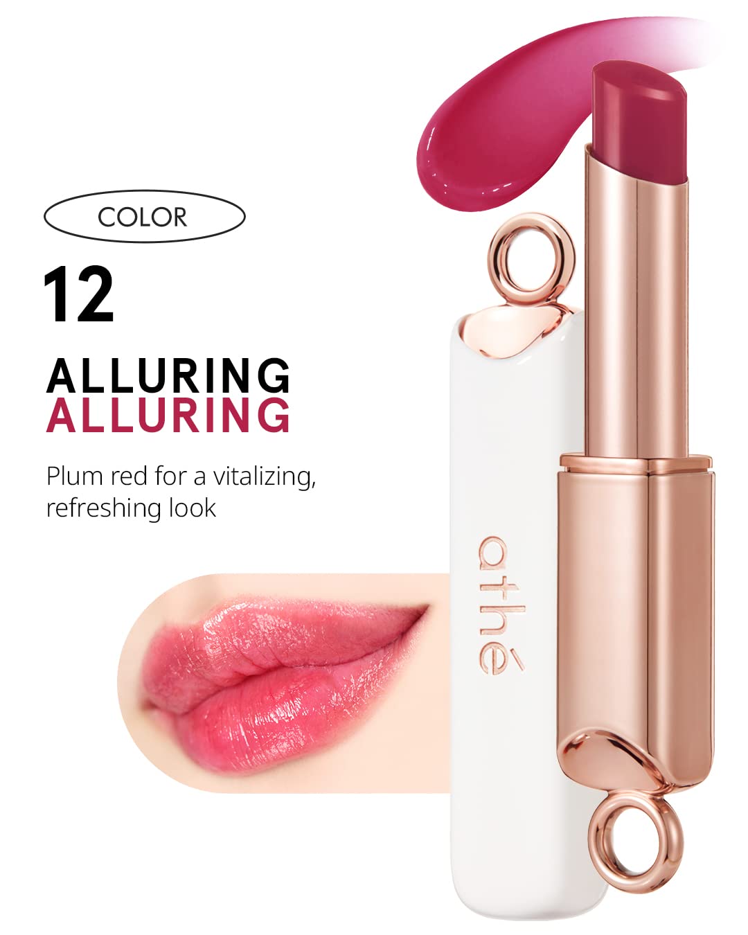 ATHÉ Authentic Lip Balm 12 ALLURING (Tinted), Lightweight Wear & Plumping Lips without Stickiness, Moisturizing & Nourishing Plant-Based Vegan Chapstick for Dry, Petrolatum Free, Cruelty-Free