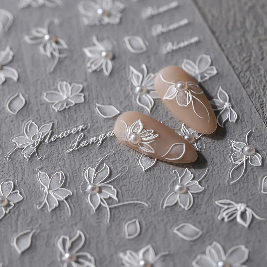 5D Embossed Flower Nail Stickers for Nail Art White Floral Nail Art Stickers Self-Adhesive Pearls Nail Art Decals for Women Nail Supplies Art Design Stickers (1, White Flower)