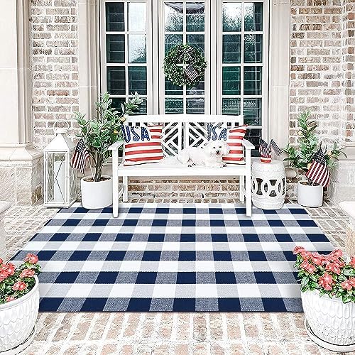 KILOCOCO Buffalo Plaid Checkered Rug 4x6 ft Blue and White Front Door Rug - Image 6
